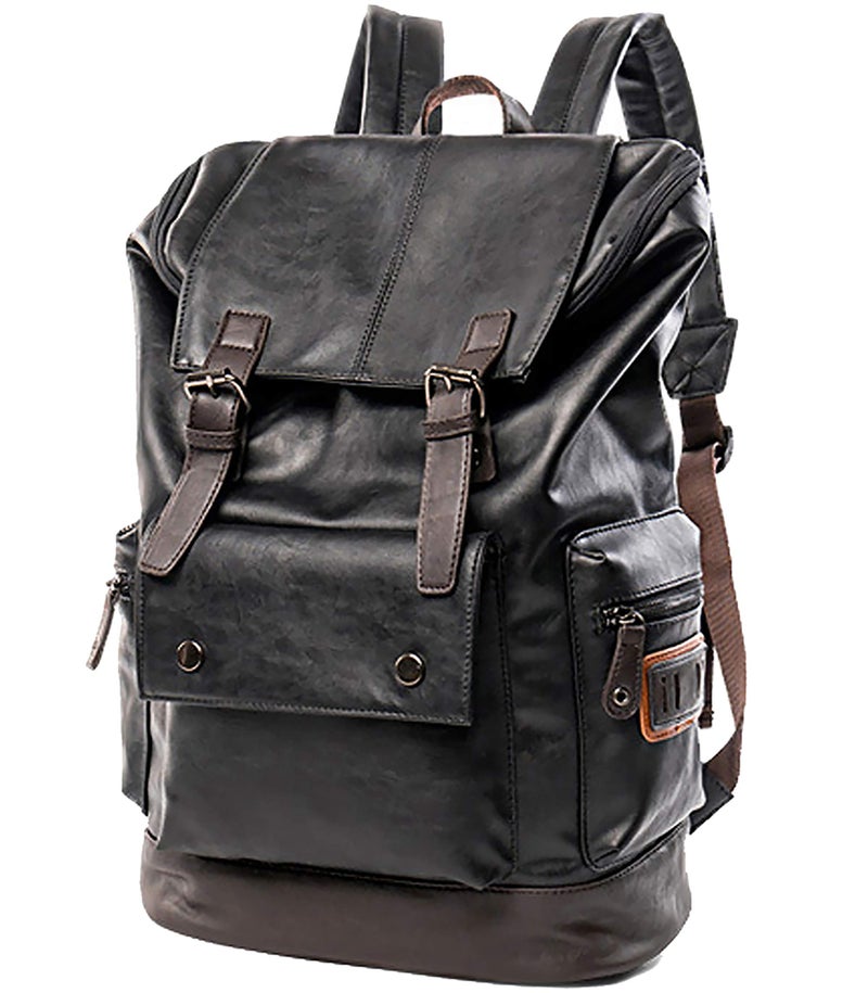 HuaChen PU Leather Laptop Backpack,Vintage Travel Rucksack for College,Large Casual Daypacks for Men - YZ11_Black - Image 1